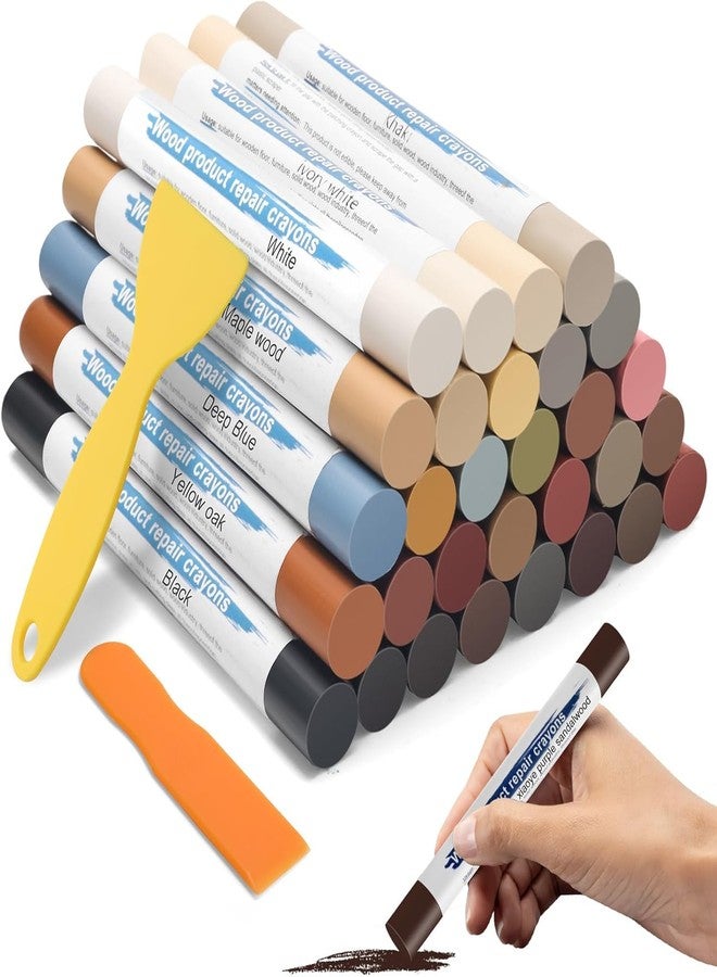 HEHIPLE 30+2P Wood Filler Sticks, 30 Colos Wood Filler Putty Wax Crayons Furniture Repair Kit Putty Stick for Baseboard Cabinets Furniture Floors(with 2 Scrapers) - Image 1